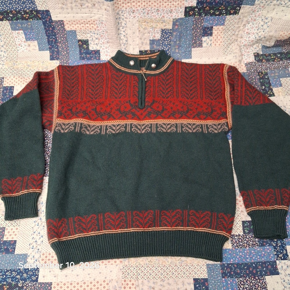 Christiania Sweaters Wool Pullover Mens Large Green Red Norway Nordic Ski Zip